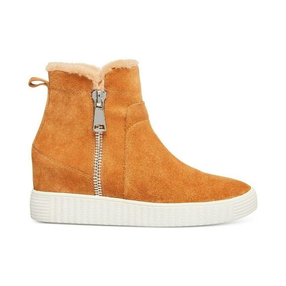 STEVEN NEW YORK Womens Size 8.5 Shearling Suede Wedge Bamby Sneakers Chestnut - Picture 2 of 4